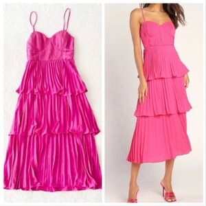Lulus Cascading Crush Hot Pink Tiered Bustier Midi Dress Medium